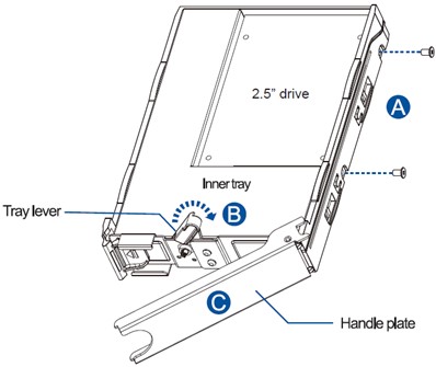 secure the drive and tray assembly with two of the provided screws